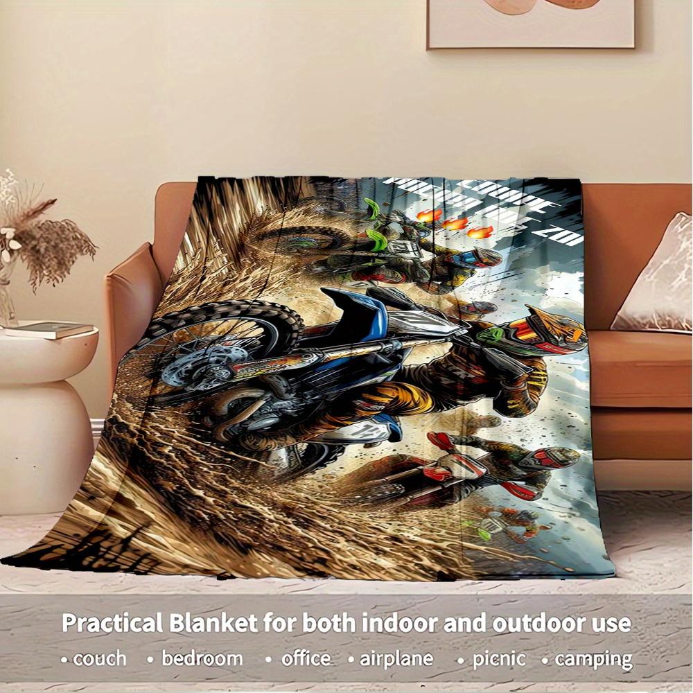 For Motocross,Dirt Track,Extreme Sports-Themed Flannel Blanket, Glam Style, Digital Print, All-Season Comfort, Tear-Resistant, Knitted Craft