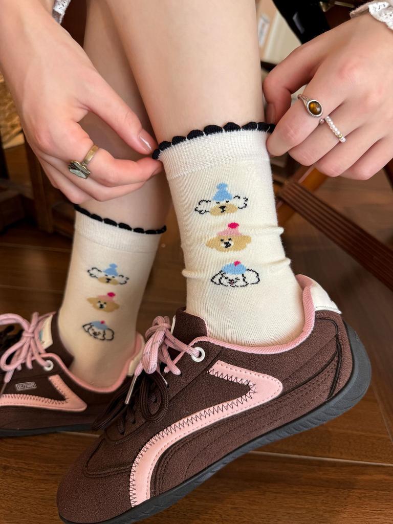 White Cartoon Socks Socks Spring Cotton Striped Stack Socks Cute Puppy Polka Dot Stockings