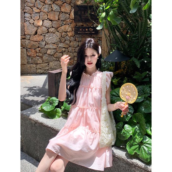 

Pink small fly-sleeved dress for women s summer new milk wear with sweet first love small doll skirt S розовый