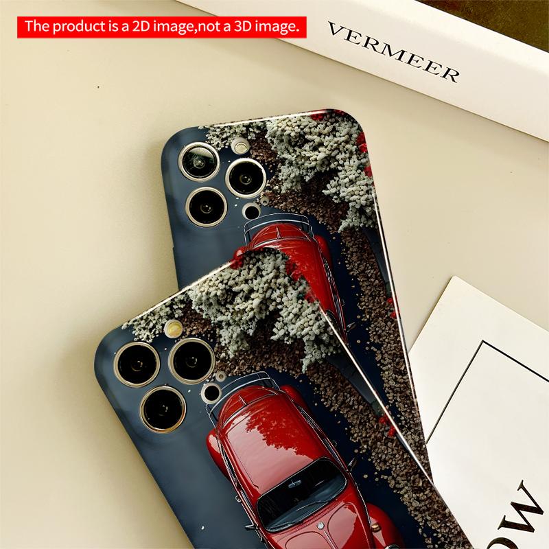 2DFlat Red Beetle Car Overhead Garden View All inclusive film hard iPhone case, compatible with iPhone 18 Pro Max 17 16 15 14 13 12 11