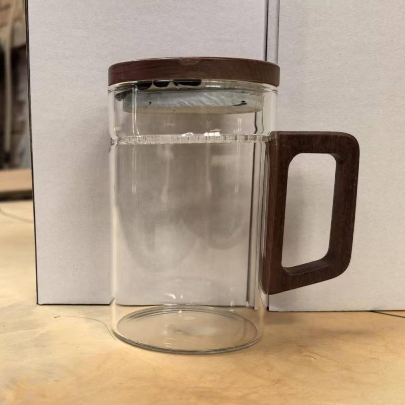 Glass Green Tea Brewed Tea Cup with Crescent Filtration Single Layer Transparent Cup Wooden Handle Household Large Capacity Flower Tea Cup