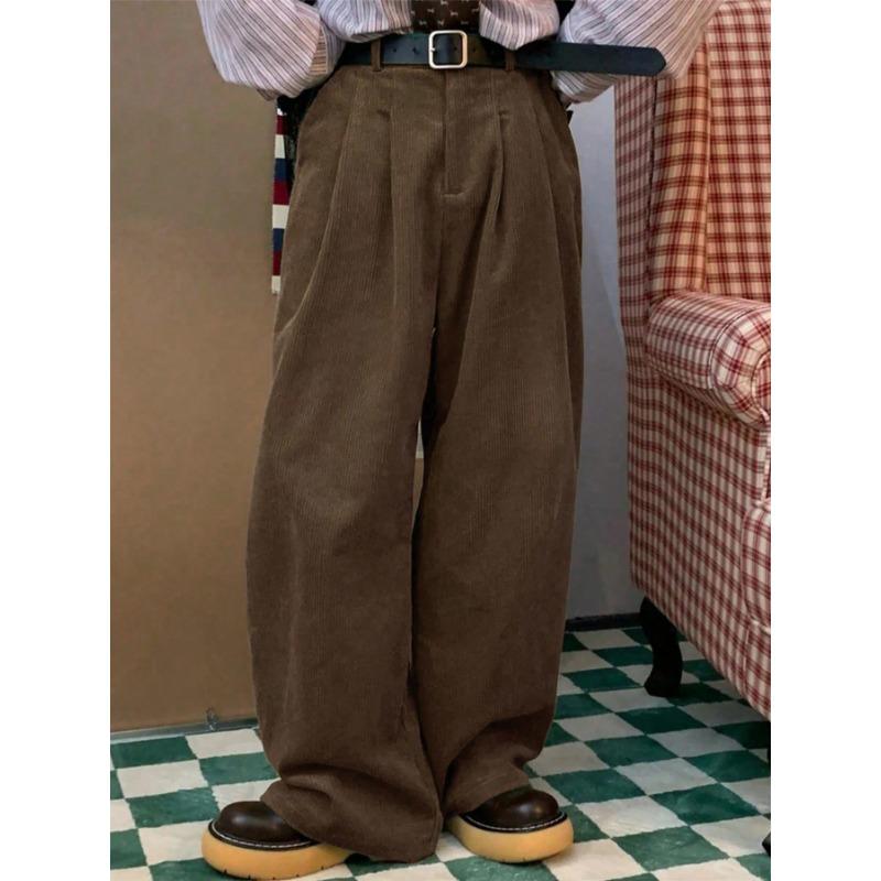 Men's Solid Color Corduroy Trousers Vintage Classic Ribbed Elastic Waist Micro-pleated Daily Pants
