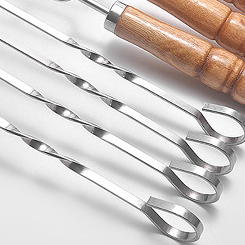 Wood BBQ Fork BBQ Skewers Long Handle Kebab Barbecue Grill Sticks Reusable Stainless steel Outdoor Camping BBQ Tools Set