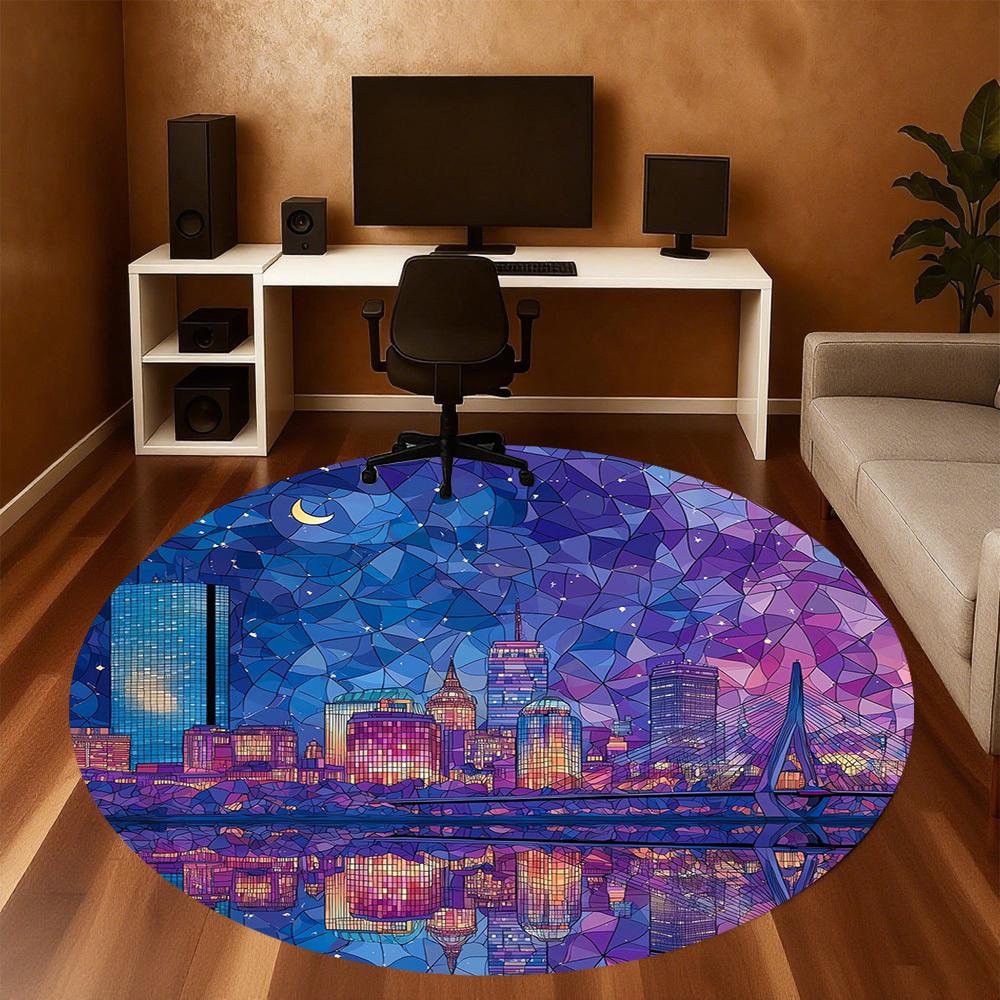 1pc Cityscape Nighttime Pattern Office Round Rugs, Under Chair Round Rugs for Living Room, Bedroom, Bathroom Decoration Carpet 091815