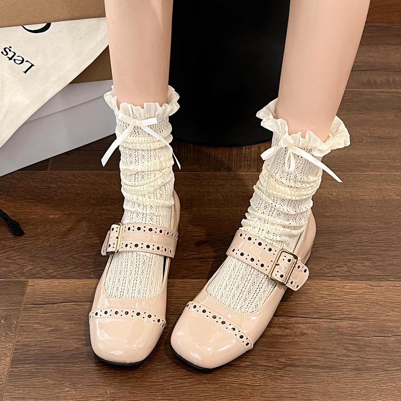Women's Thick Heel Shoes Spring New Round Head Shallow Mouth Metal Line with Anti-slip Wear-resistant Heel Shoes