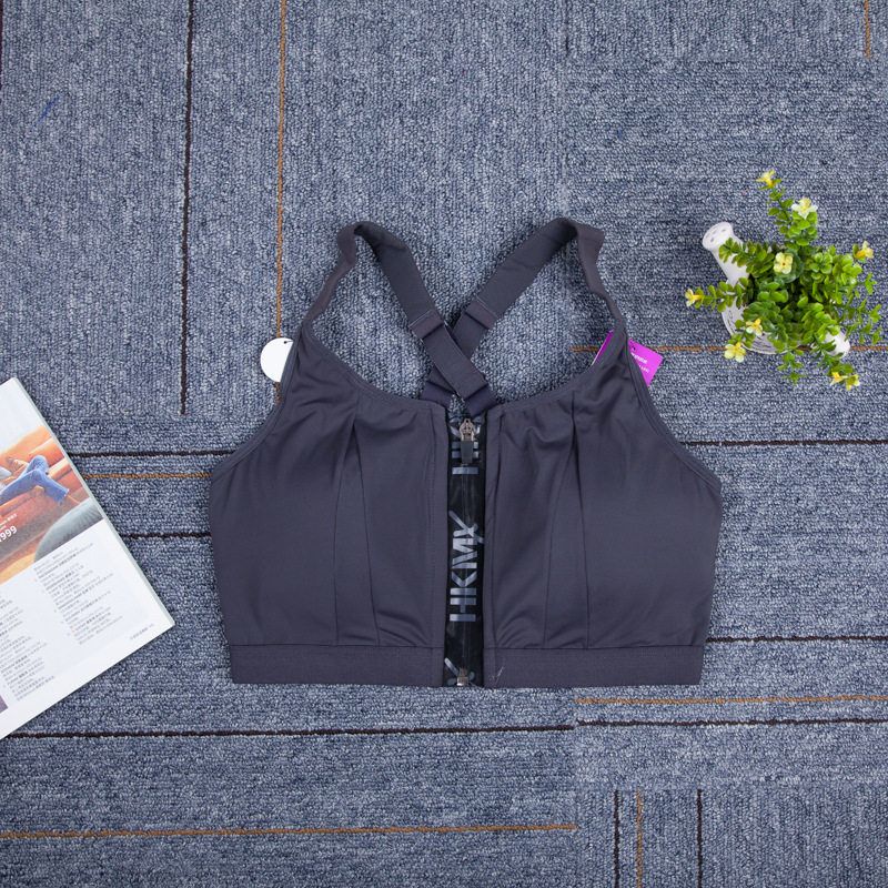 Recommend Export Sports Bra Wireless X Vest Front Zipper Sports Underwear Fashion Running Shockproof Full Cup 70C Gray