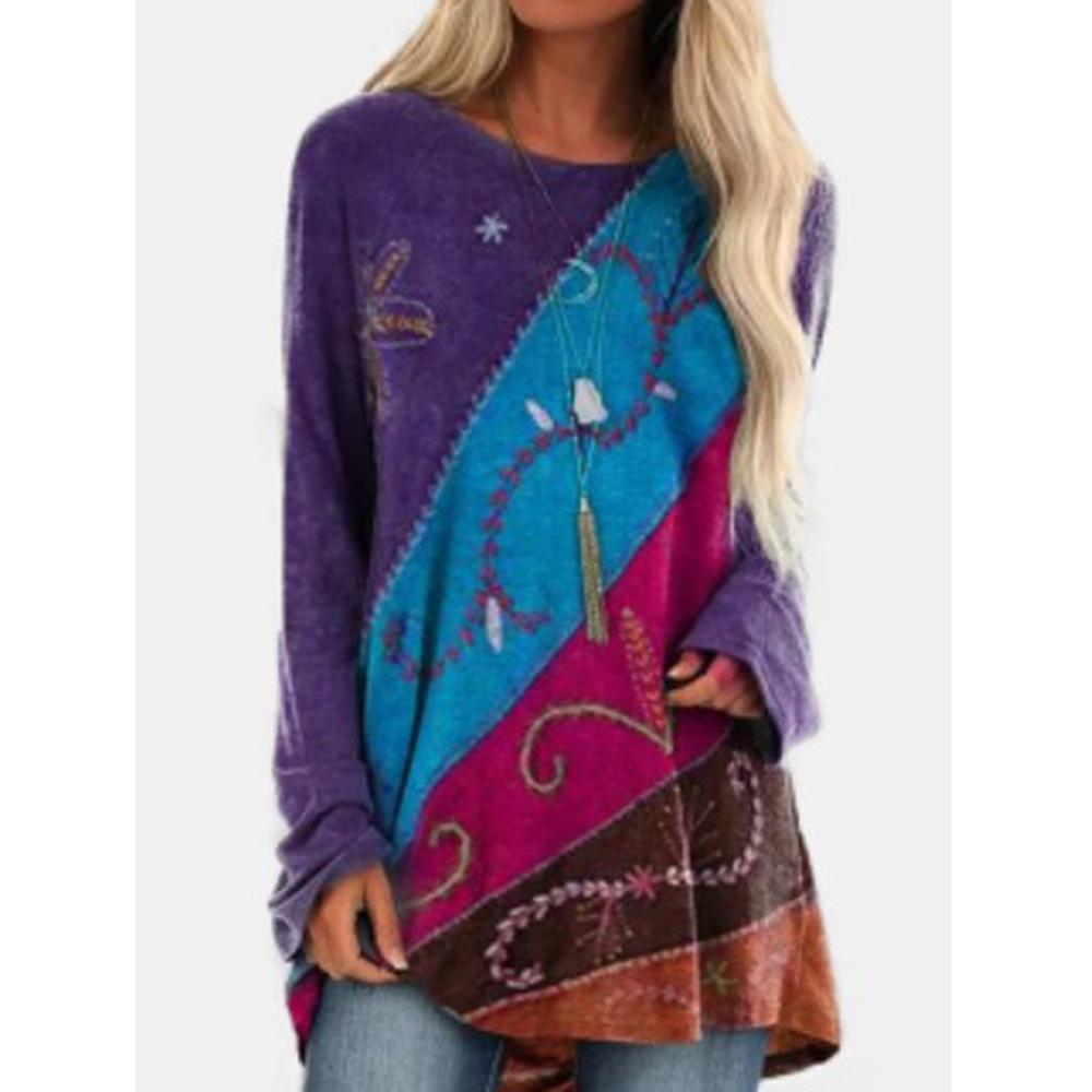 

Весенне-осенние футболки с круглым вырезом, 3D-пэчворком и принтом, модные повседневные женские футболки с длинным рукавом 5XL