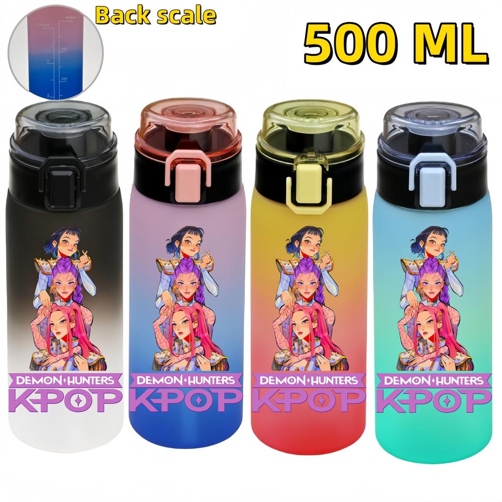 KPop Demon Hunters Sports Water Bottle Portable Leak Proof Plastic Cup Level Line Outdoor Fitness 500ML with for Kid Friendly Entertaining Fun Play