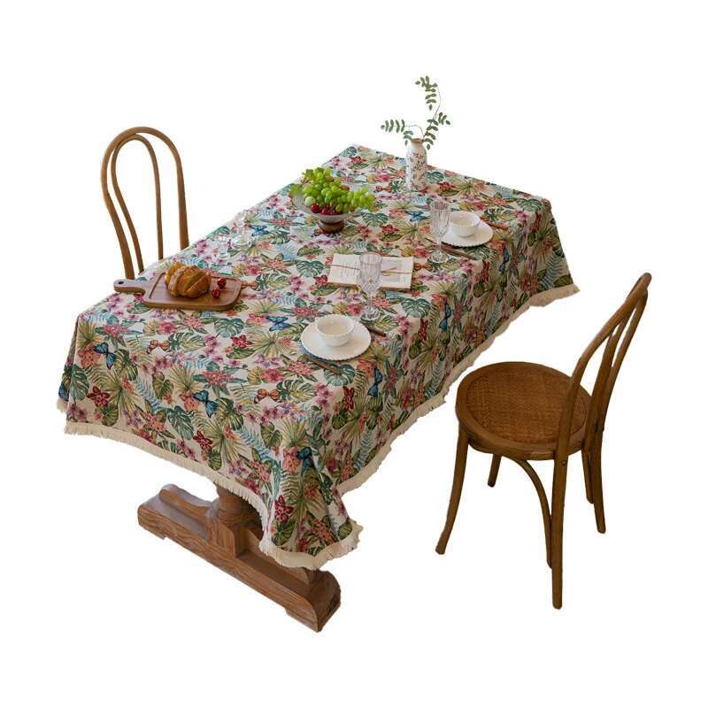 High End Home Floral Countryside Cotton Linen Fabric Tablecloth Rectangular Dining Table Cloth Decorative Cloth