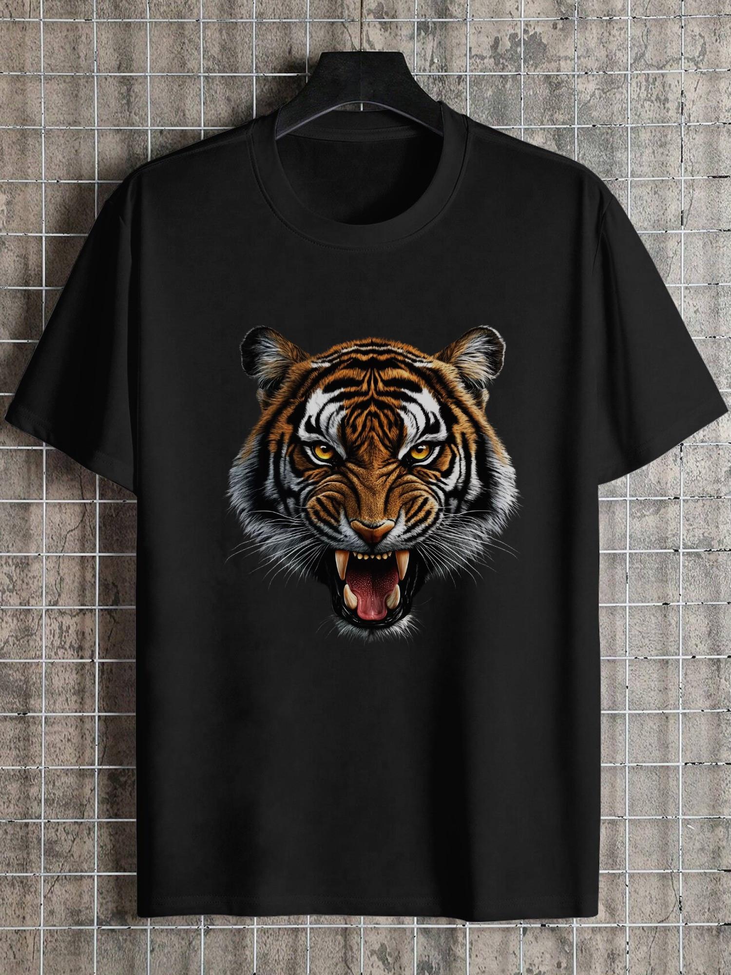 1pc Fierce Tiger Head Graphic T-shirt - 180g Cotton Crew Neck Short Sleeve XXXL