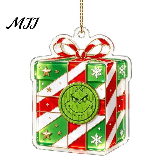 Gift Box Snowflake Ornaments Green Elf Christmas Ornament, 2D Acrylic Red Bell Tree Candy Cane Durable Holiday Gifts Shaped Double Sided Hanging