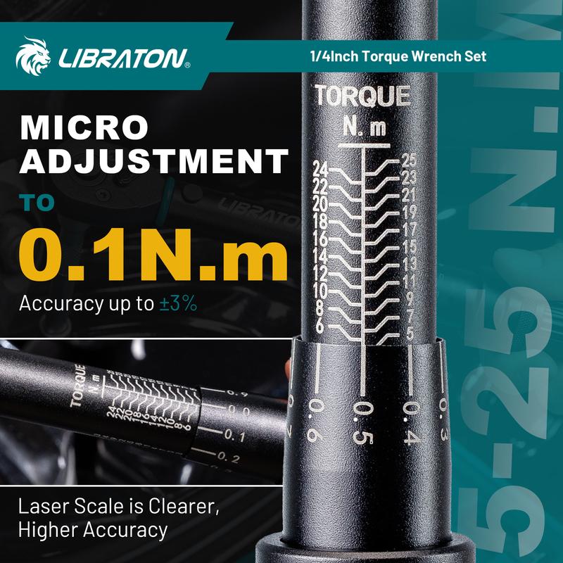 LIBRATON 1/4'' Bike Torque Wrench, 5-25Nm / 1-6Nm High Precision Torque Wrench, accuracy of ±3%, Square Drive Torque Wrench Set