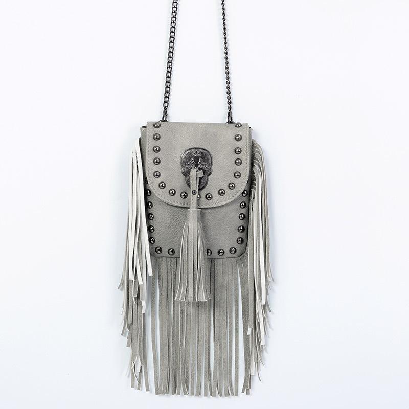 

Soft Leather Retro Crossbody Bag for Women PU Studs Tassel Bag Small Punk Shoulder Bag Bohemian Chain Cell Phone