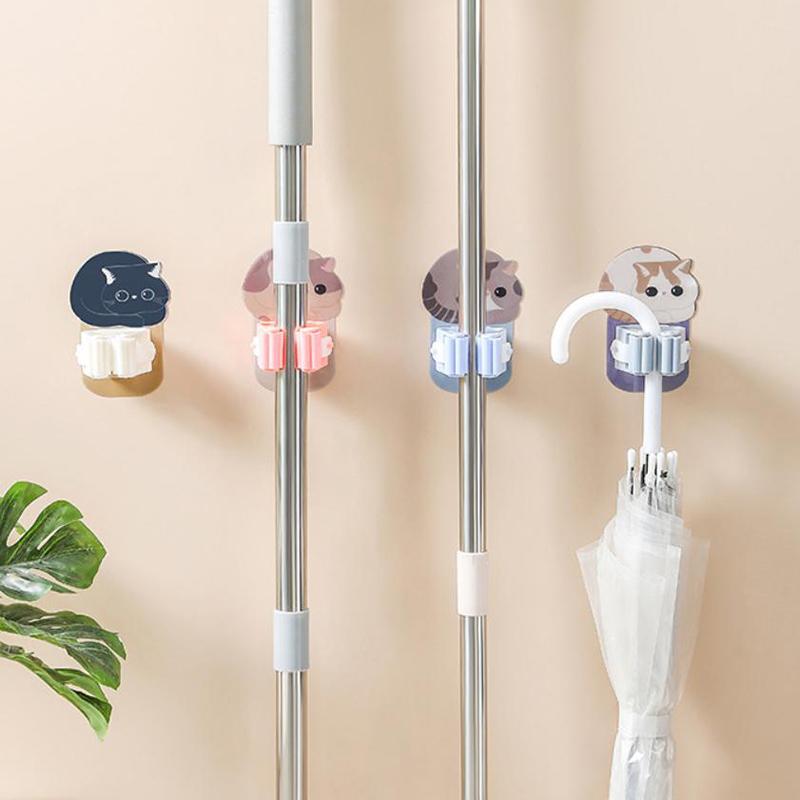 Self Adhesive Wall Mop Holder Brush Organizer Rack Multi-Purpse Door Keys Umbrella Hanger Hook Bathroom Toothbrush Storage