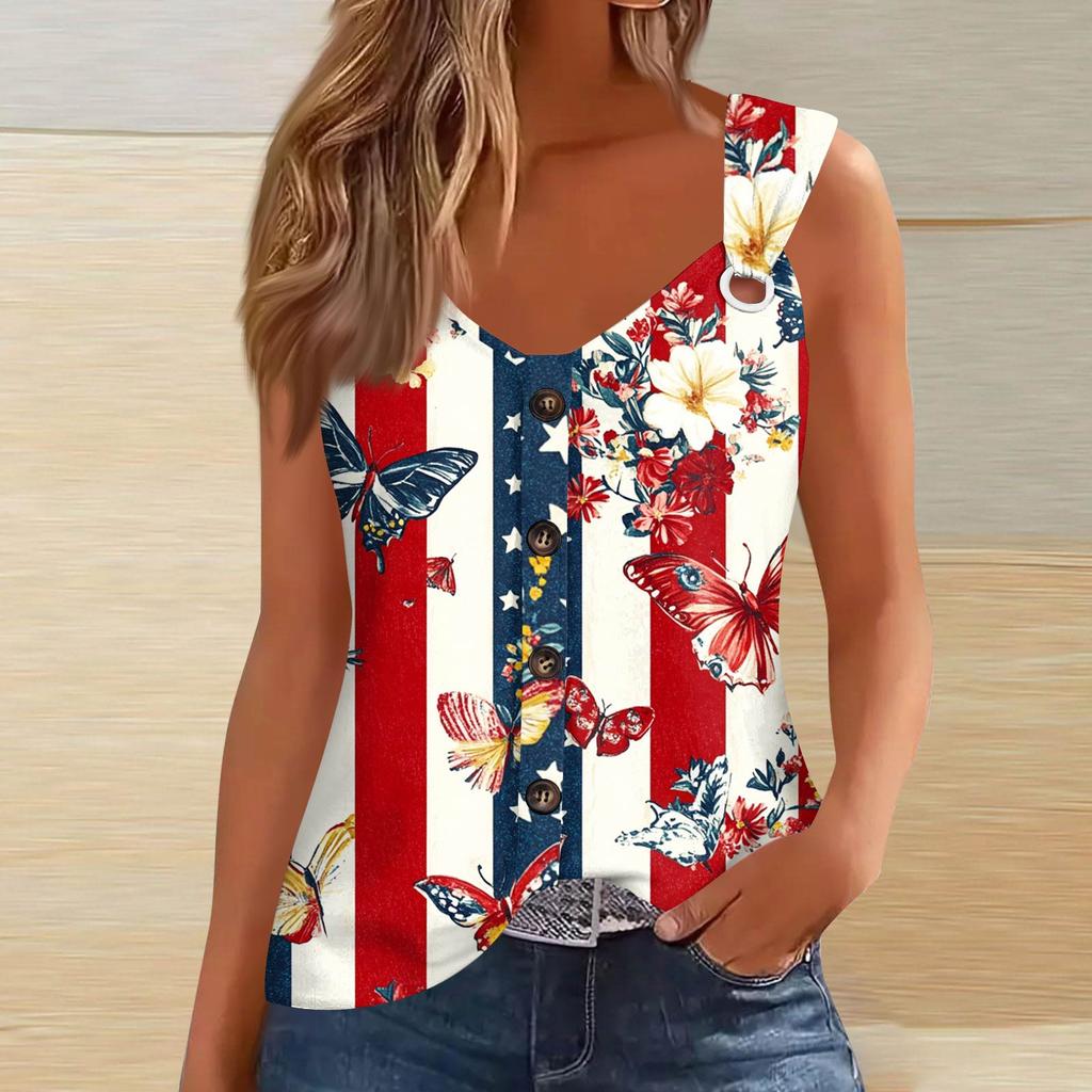 Women's Fashion Casual Loose Sleeveless Buttoned V-Neck Independence Day Printed T-Shirt Top