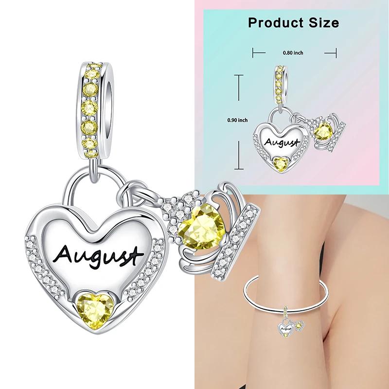 Copper 12 Months Birthstone Heart-Shaped Beads Charms Fit Original Bracelet Charm Beads Necklace Diy Female Jewelry