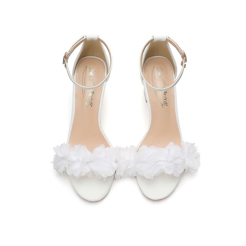 White high heels round head 7cm one word with open-toed lace flower sexy open-toed women's sandals wedding shoes large size