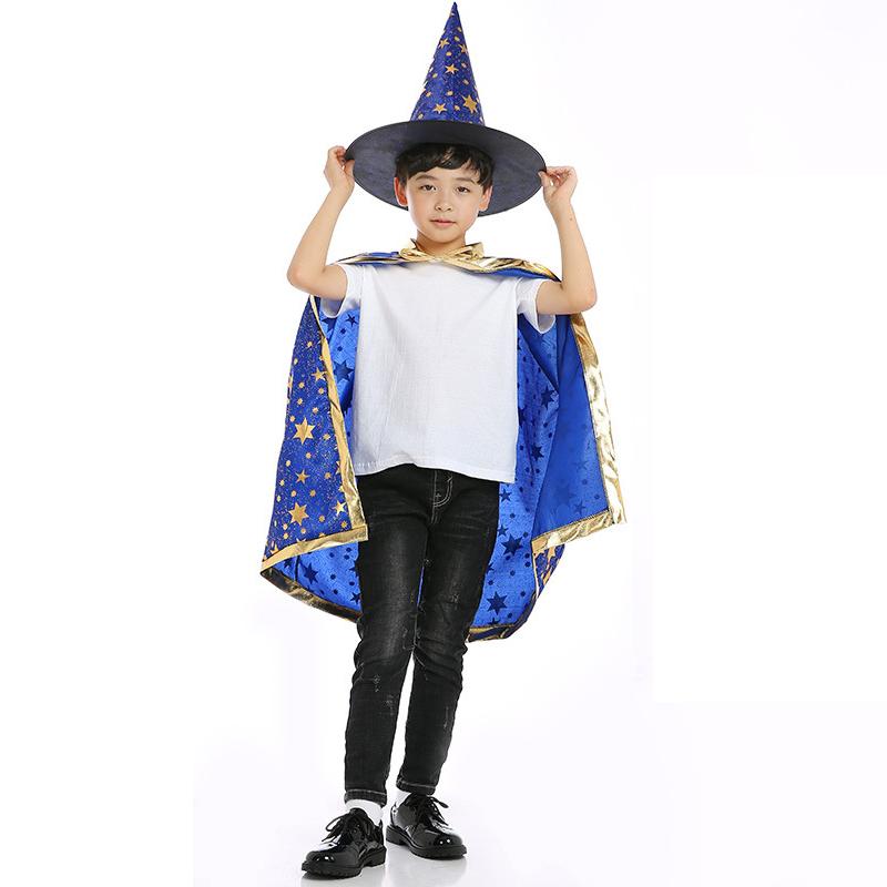 Sydanne Kids Magician Wizard Cloak Hat Cosplay Costume Hot Stamping Five-pointed Star Cloak Party Costume Halloween Costume
