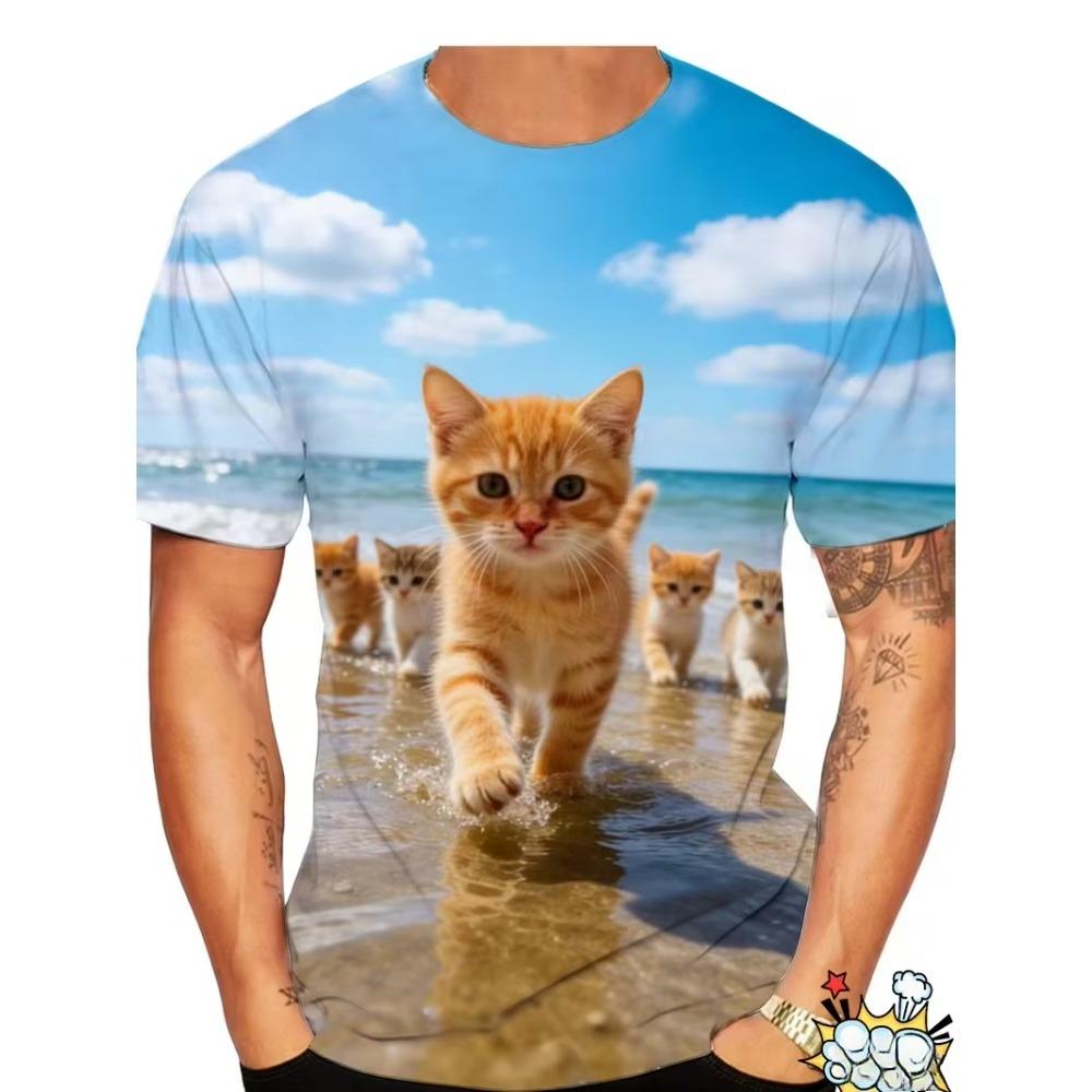 Fashionable Comfortable Summer Funny Men Cute Cat 3D Printed Short Sleeves T-Shirt Round Neck T-Shirts Breathable Casual Top Men's T-shirt