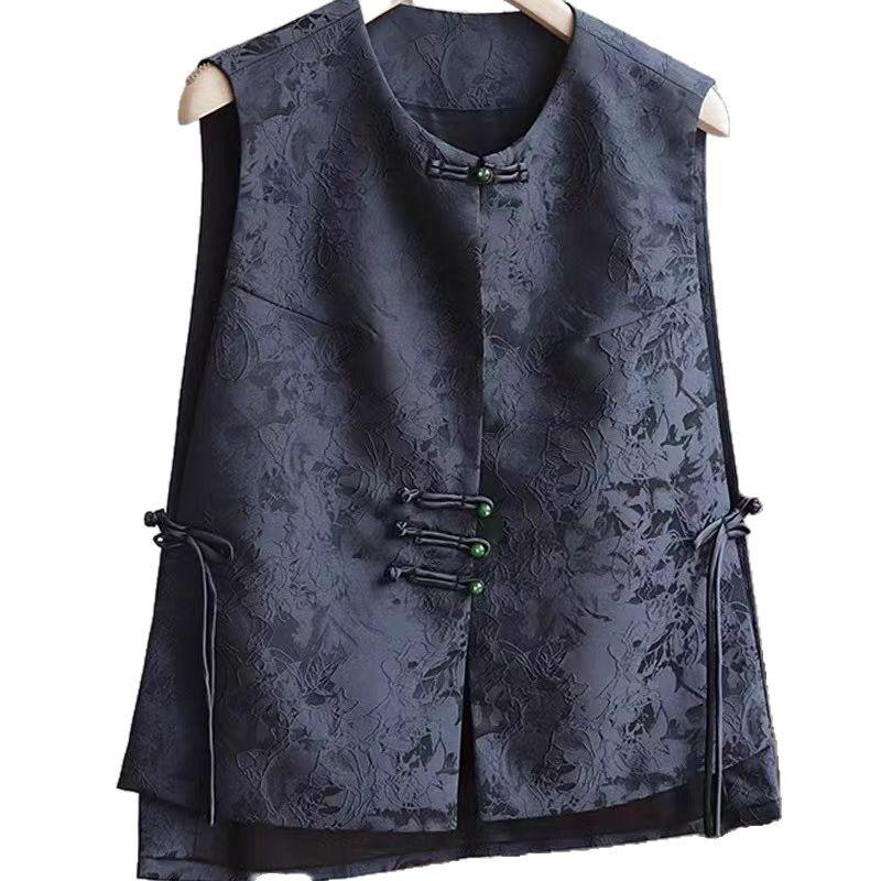 Premium vest vest women's retro jacquard niche style disc buckle stacked top