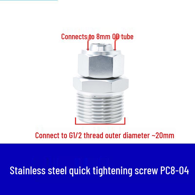 304 Stainless Steel Pneumatic Quick Connect Fitting for Air Hose and PTFE Tube, PC8-02.