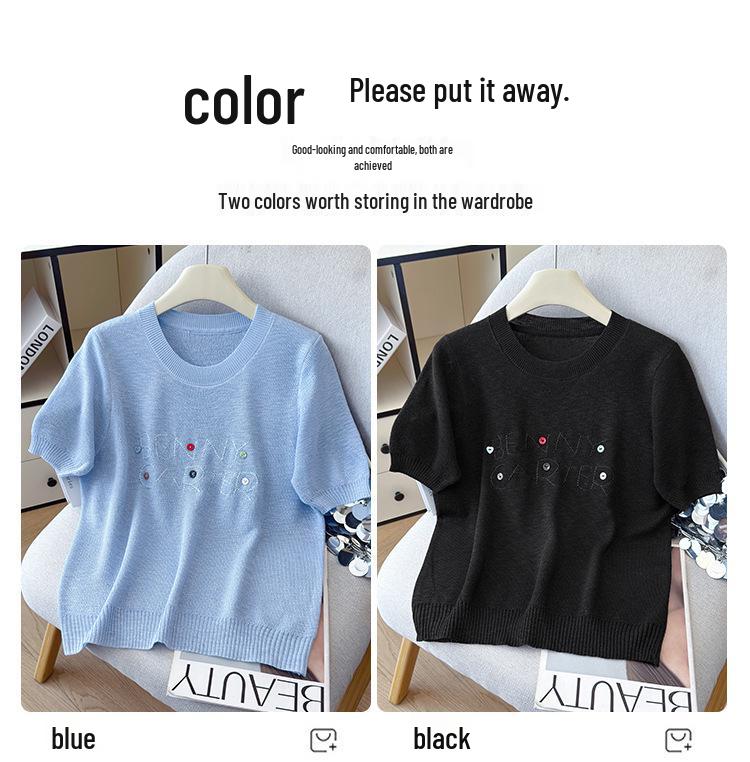 2026 Summer Versatile Embroidered Ice Silk Tencel Knit Women's T-Shirt