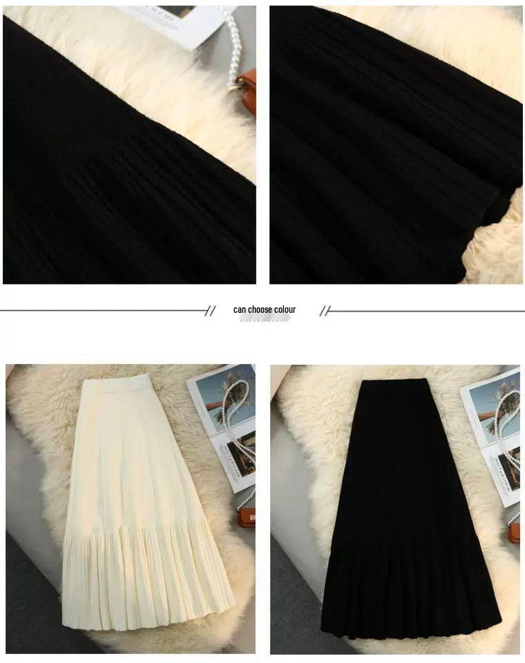 Women's High Waist Ruffle Knit Skirt - Retro A-line, Autumn/Winter, Slimming, Long Hem.