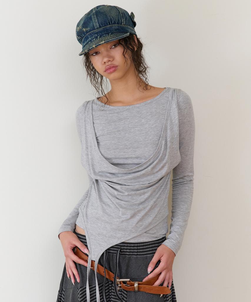 THEVINYLHOUSE Draped Layered Ls Tee(W) Gray