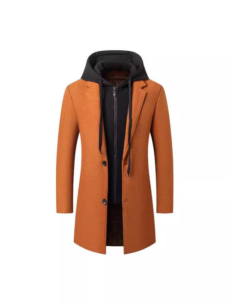 Korean-Style Men's Wool Blend Mid-Length Coat with Removable Hood