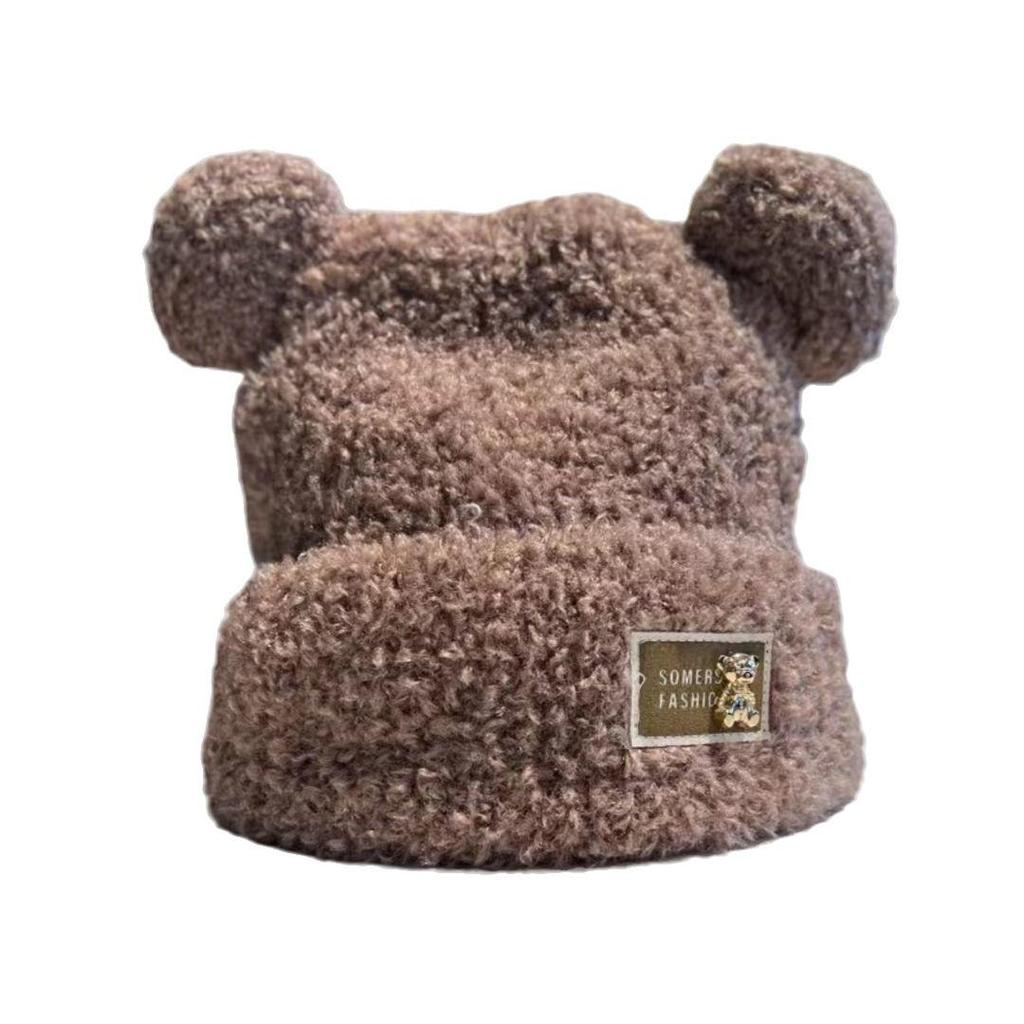 Autumn and winter thickened soft waxy warm cold ear protection cold hat Korean version of metal cute bear plush knitted versatile model