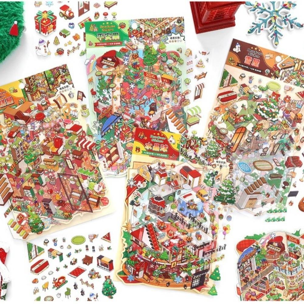 Série Casa de Natal Desenho Animado 3D Miniatura Cena Adesivos DIY Feito à Mão Camadas Empilhadas Adesivo de Cena de Cabana DIY