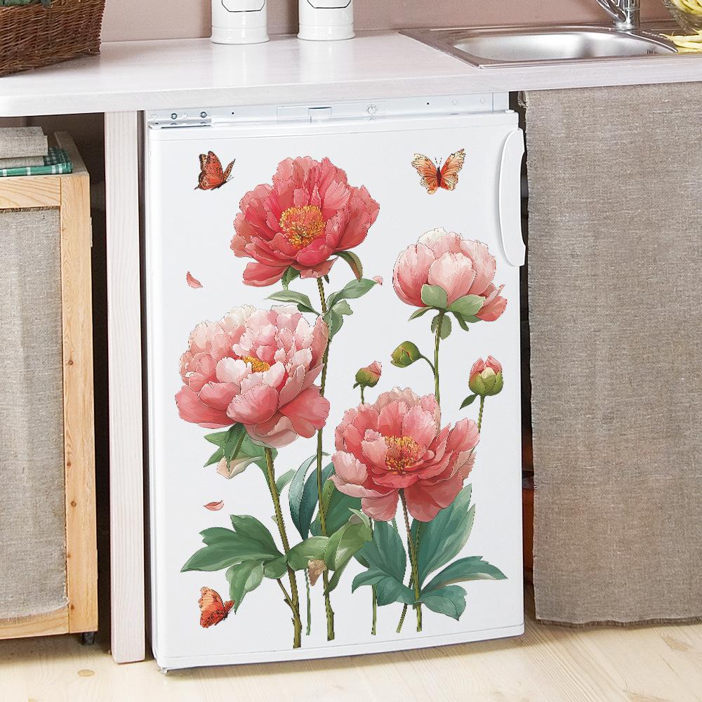 Home Background Wall Decoration Stickers Featuring Noble Peonies and Dancing Butterflies