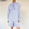 INCERUN Two Pieces Men Stand Neck Striped Long Sleeve Shirts Short Pants Casual Sets