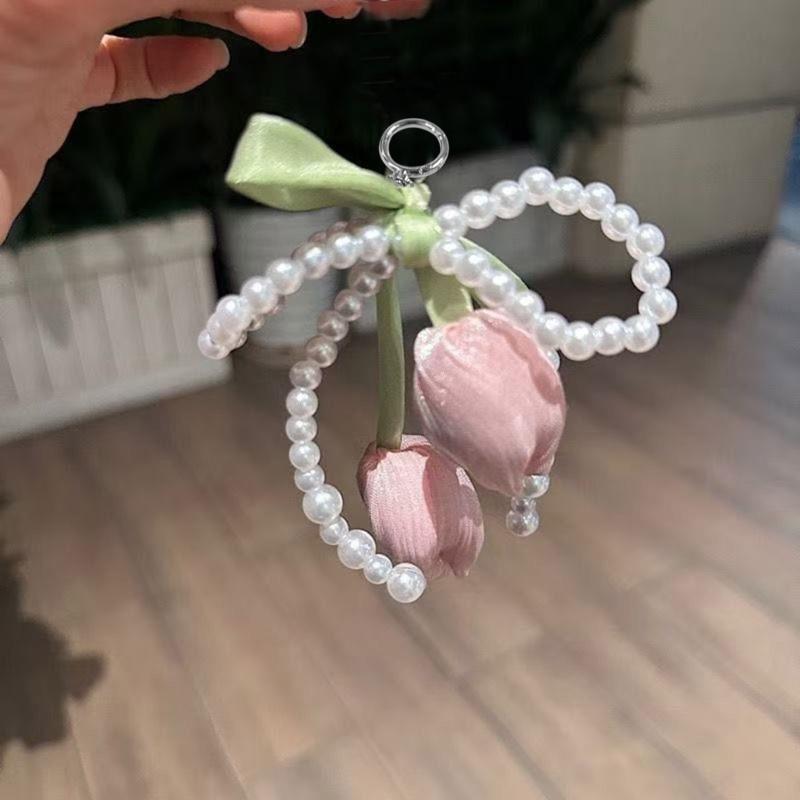 Tulips Pearls Beaded Braided Keychain Bowknot Charm For Handbag Purse Backpack Jewelry Accessories Fashion Decoration