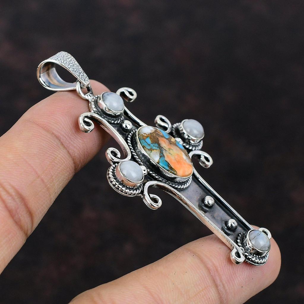 Ciondolo in rame turchese con ostrica spinosa, ciondolo in pietra di luna arcobaleno, ciondolo in argento sterling 925, gioielli fatti a mano, ciondolo con pietra preziosa, ciondolo a croce