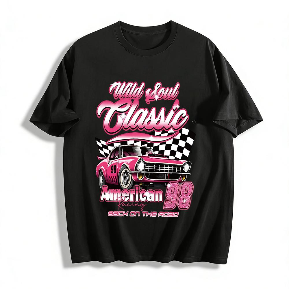 

Wild Soul Classic American Racing 98 Print T-shirt Retro Hot Rod Checkered Flag Casual Top Pure cotton T-shirt XXS