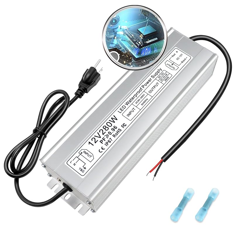 inShareplus 12V Power Supply, 300W IP67 Waterproof LED Power Supply, AC 110-260V to DC 12 Volt 25A Low Voltage Transformer, LED Driver with 3-Prong