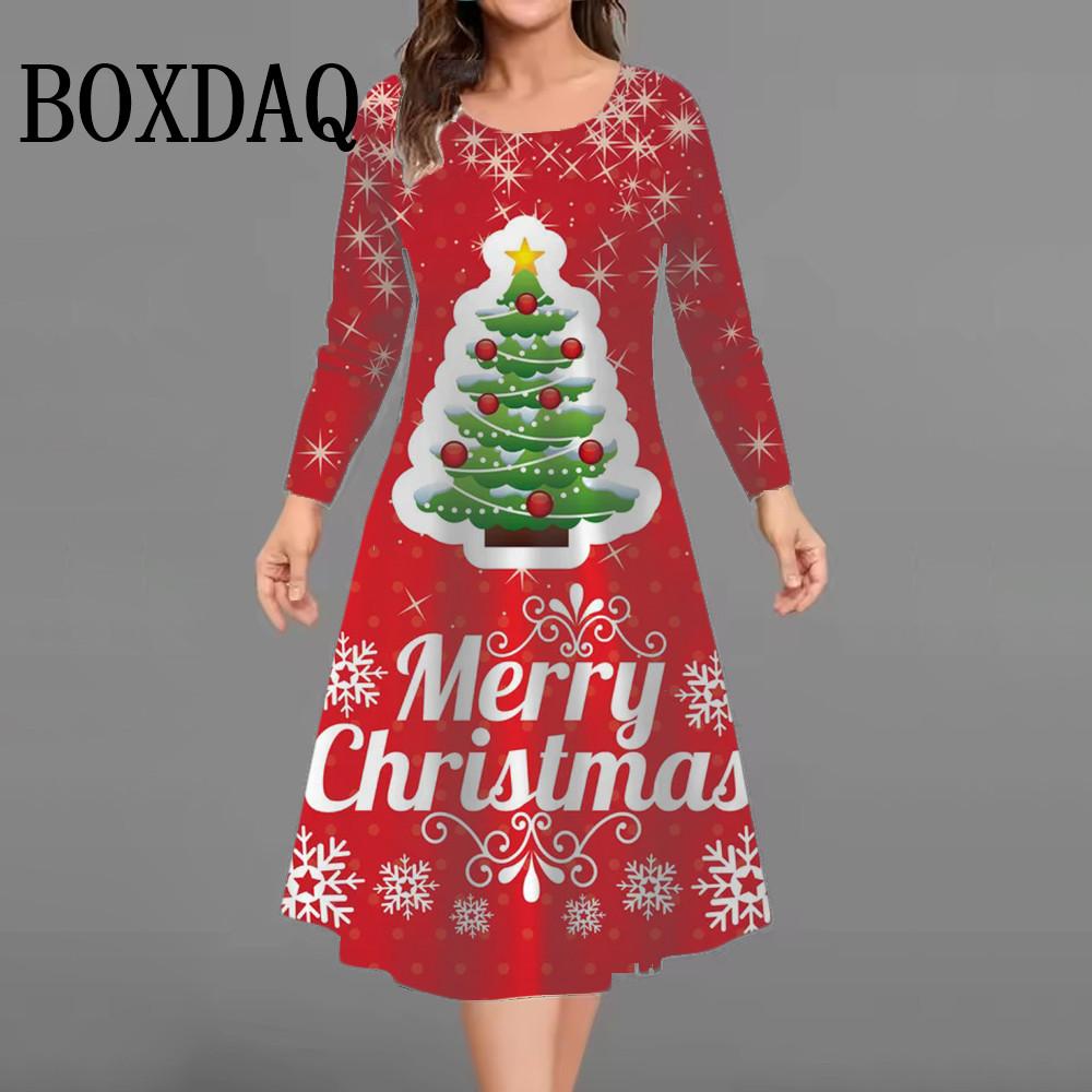 Christmas Tree Women Short Dresses Long Sleeve Festival Ladies Loose Plus Size Dress 3D Print Christmas Street Female