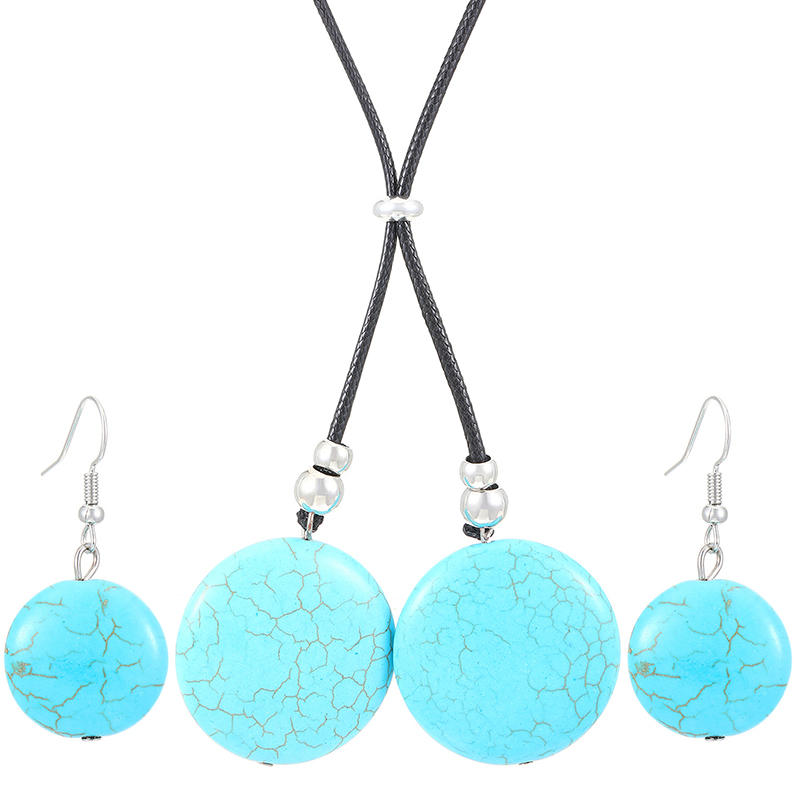 Women Fashion Stone Pendant Necklace Earrings Set Charming Love Round Shape Pendant Necklace