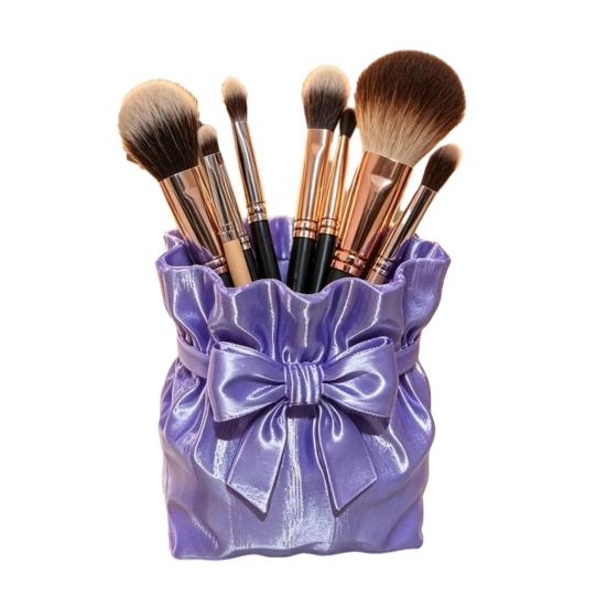 Dressing Table Brush Holder Satin Bow Bag Makeup Holder, 3D Printed Beauty Tool Organizer Cosmetic for Desk, Large Bowknot Pouch Pencil Storage