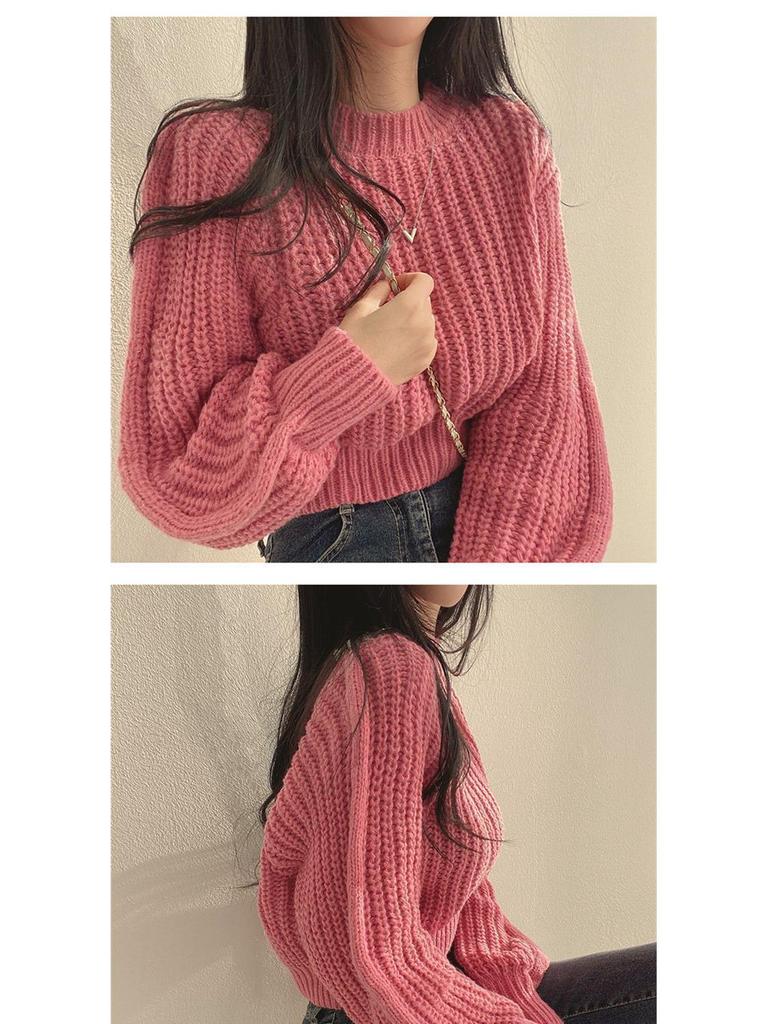 Korean Style Round Neck Petite Knit Sweater for Women - Waist-Cinching, Versatile Pullover