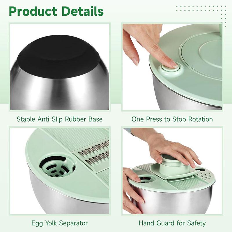 Stainless Steel Salad Spinner with Slicer Set 5 Qt Large Rotation Vegetable Washer Includes 5 Chopping Blades Slicer Drain Bowl