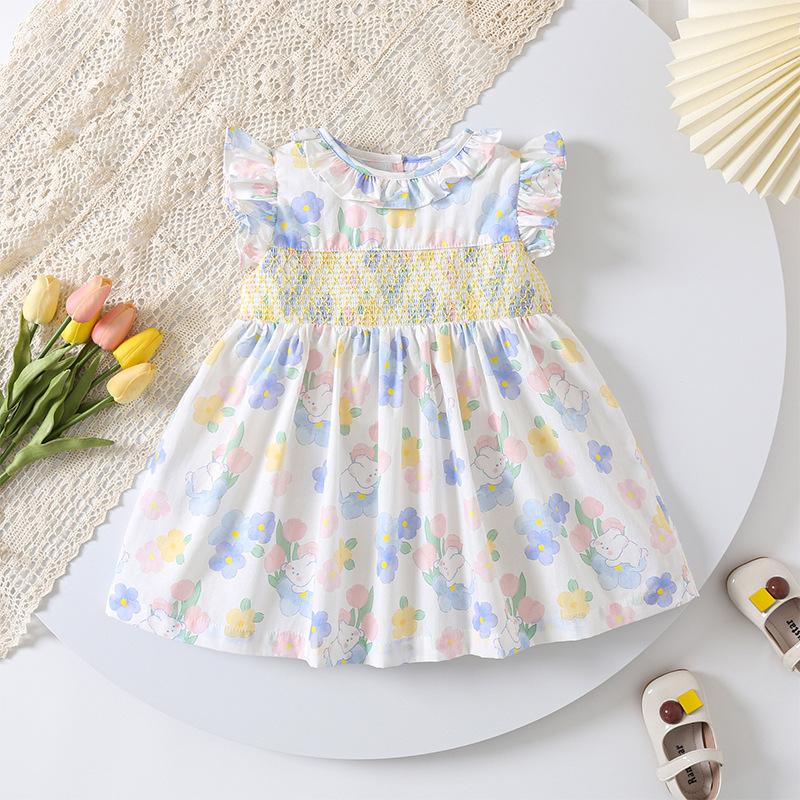Girls Cotton Smocked Dress Cute Floral Print Princess Party Dress for Toddler and Little Kids Summer Casual Outfit 80cm жёлтый