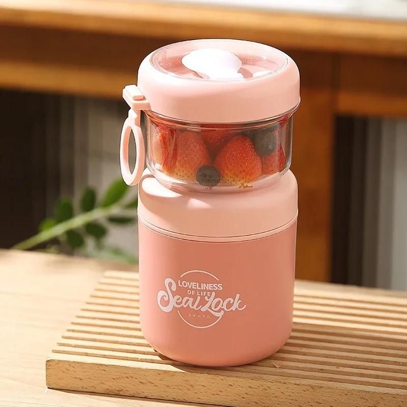 Double Layer Salad Cup Oatmeal Soup Cups with Spoon Stainless Steel Porridge Bowl Portable Office Worker Students Lunch Box