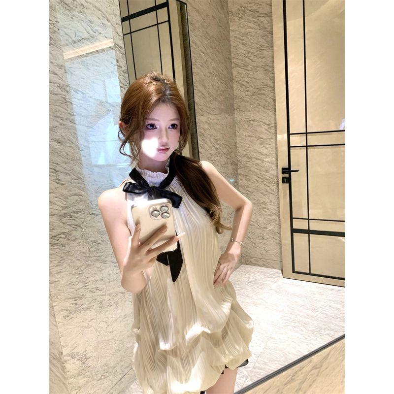 Kumikumi Gentle Sweet Girl Style Sleeveless Half-high Collar Ribbon dress Women Summer Loose Slimming A- line Skirt