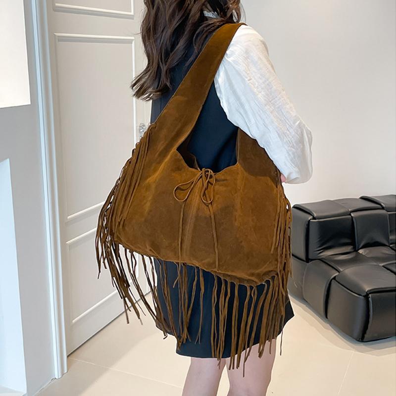 Boho Chic Kordový Střapec Dámská Taška přes Rameno Podzim Velkokapacitní Ručně Vyráběná Jednobarevná Hobo Tote Taška