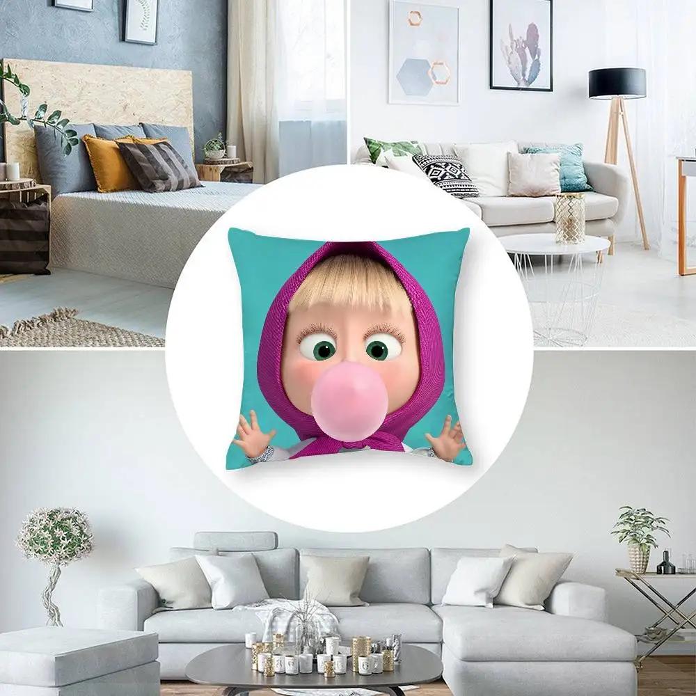 Cartoon Cute M-MashaS And The Bear Pillow Case Square Double‑Sided Print Cushion Case For Sofa Home Bedchamber Decor Gift