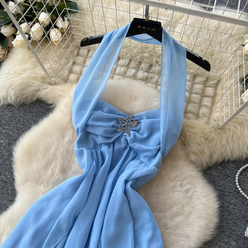 Summer Women Sexy Strapless Open Back Chiffon Irregularly Seaside Beach Ankle Length Dresses