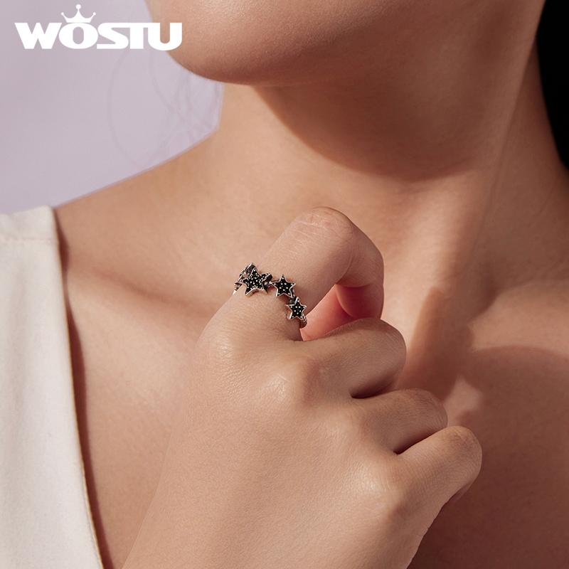 WOSTU Real 925 Sterling Silver Star Black Onyx Band Rings For Women Everyday Wear Full Stone Cool Rings Party Gift for her