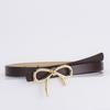 Women Belt Solid Color Metal Bowknot Decorated Imitation Leather Strap Belt Adjustable Holes Slim Waistband